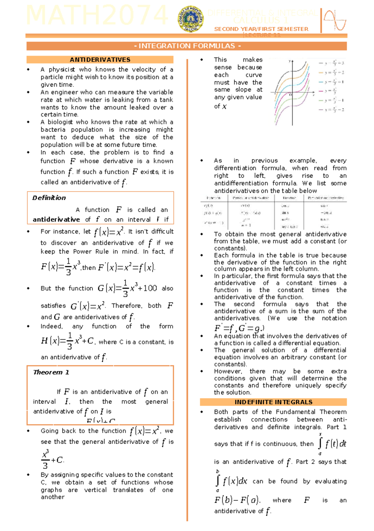 MATH2074 LECTURE 11: INTEGRATION FORMULAS & ANTIDERIVATIVES - Studocu