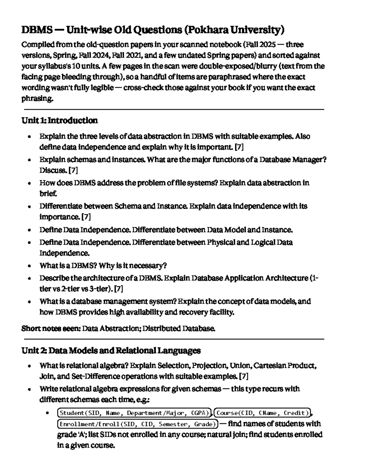 DBMS Unitwise Old Questions Compilation (Fall 2025) - Studocu
