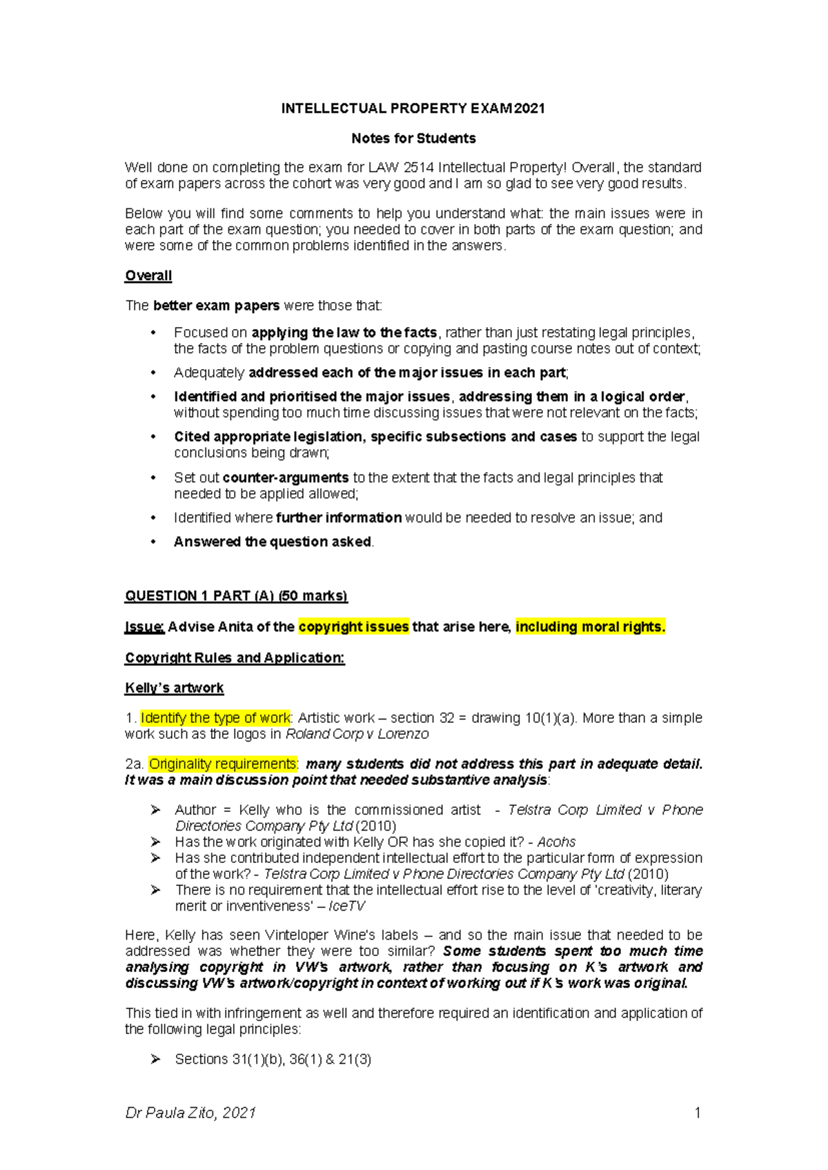 2021 IP EXAM Feedback Document - INTELLECTUAL PROPERTY EXAM 2021 Notes ...