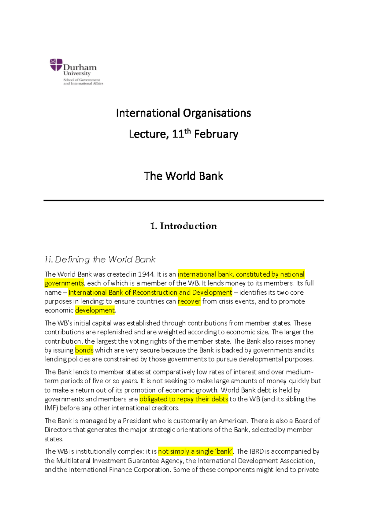 IO World Bank - notes - International Organisations Lecture, 11 th ...
