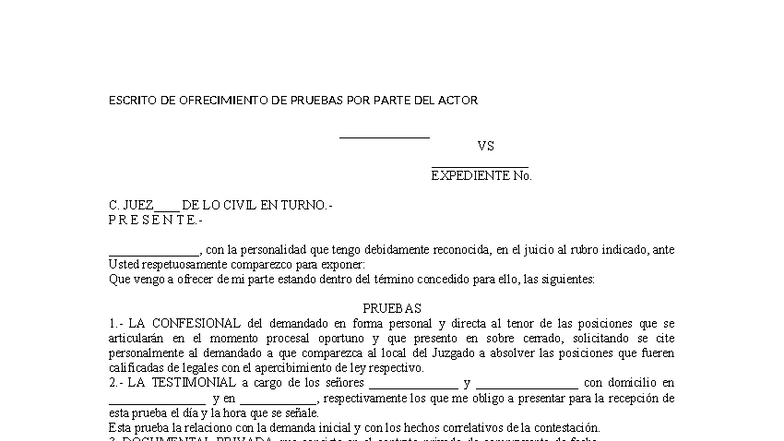 ESCRITO DE OFRECIMIENTO DE PRUEBAS - EXPEDIENTE No. C. DE LO CIVIL