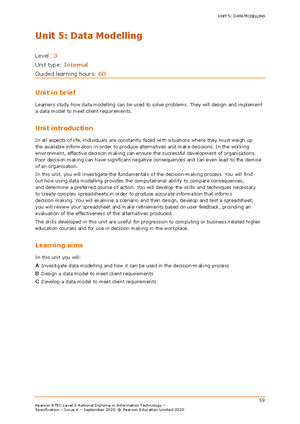 BTEC Level 3 IT Unit 5: Data Modelling Overview and Assessment Guide ...