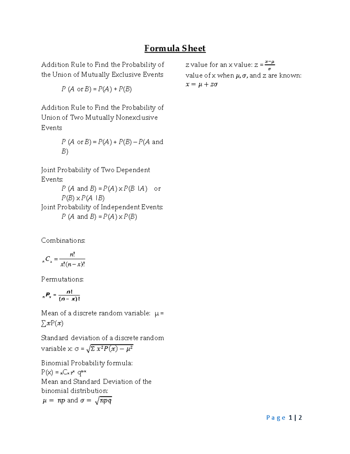 Test 2 F24 Probability Formula Sheet and Key Concepts - Studocu
