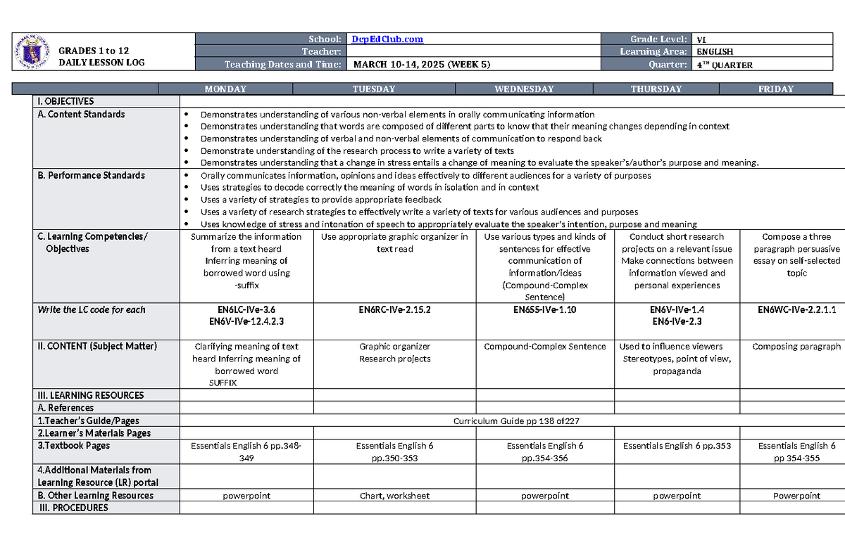 DLL English-6 Q4 W5: Daily Lesson Log for Grades 1-12 - Studocu