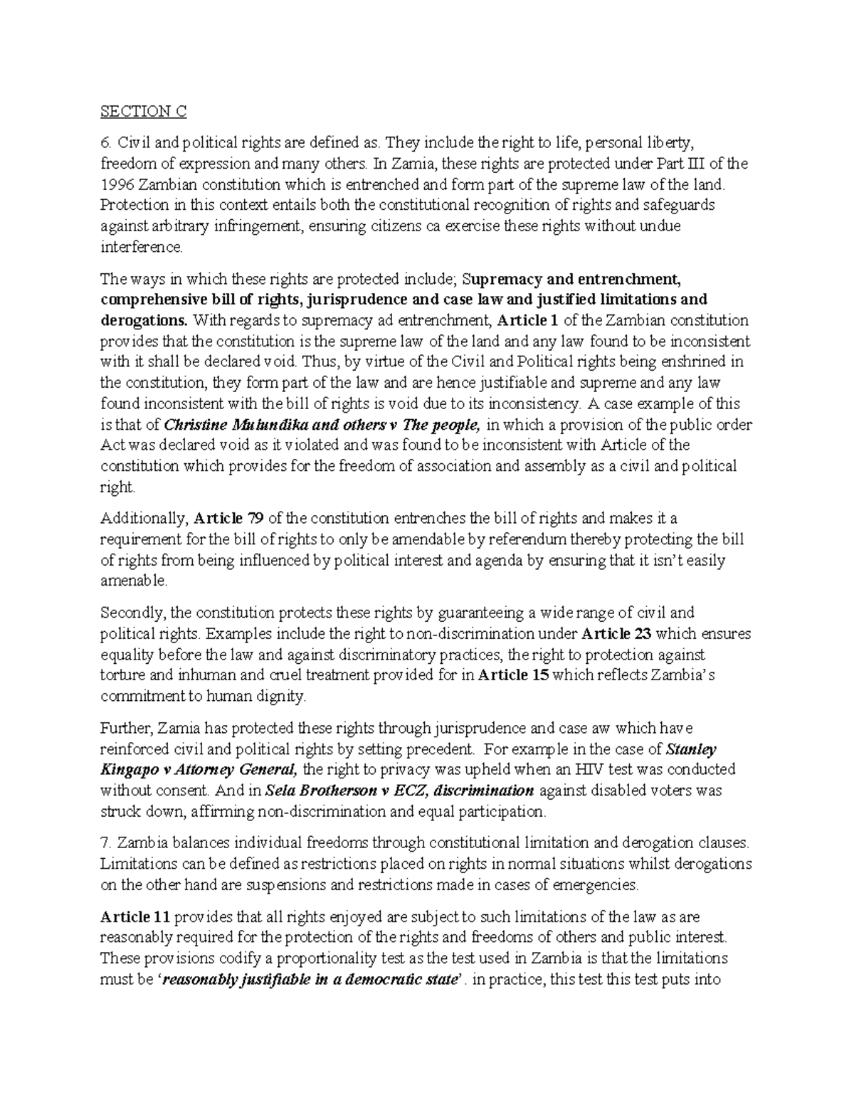 Assignment Answers on Enforcement of Human Rights in Zambia - Studocu