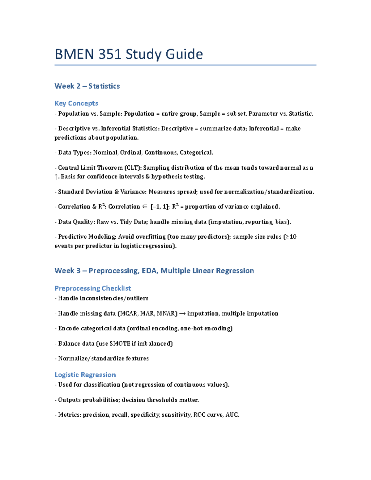 BMEN 351 Study Guide: Key Stats & ML Concepts for Weeks 2-6 - Studocu