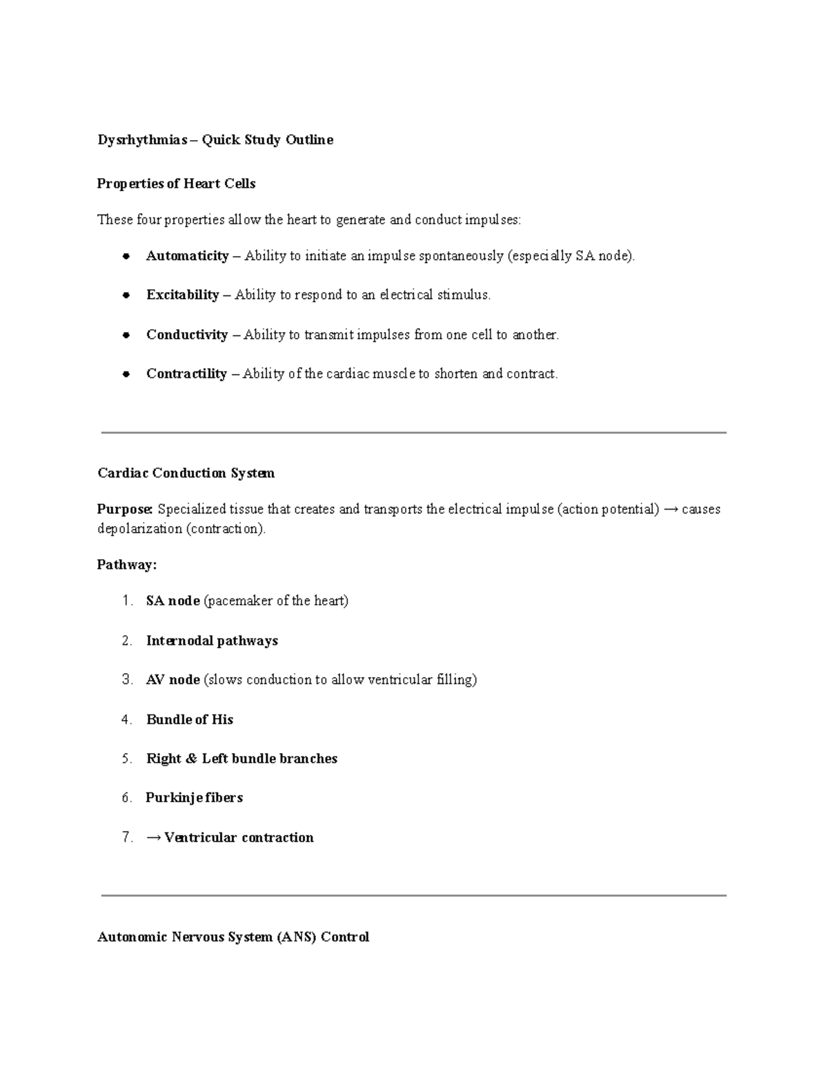 Dysrhythmias Quick Study Outline for Nursing (NUR 101) - Studocu