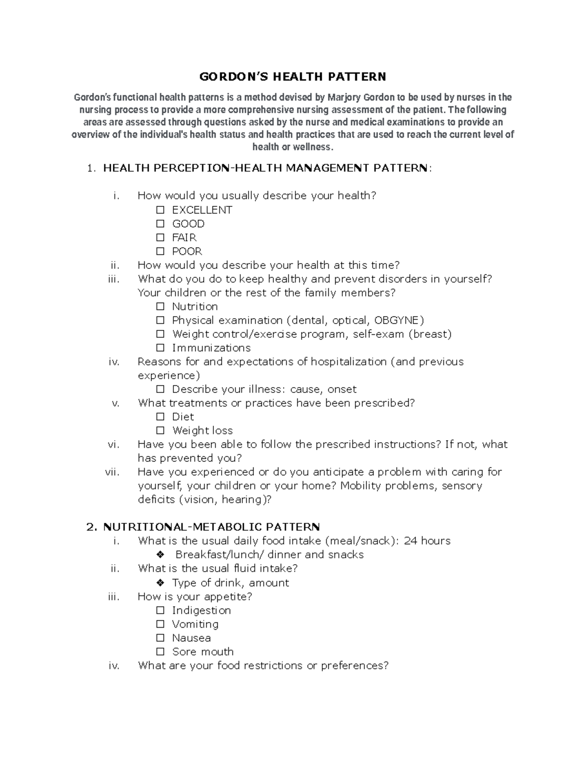 Gordon's Health Pattern Questionnaire Guide (NURS 101) - Studocu