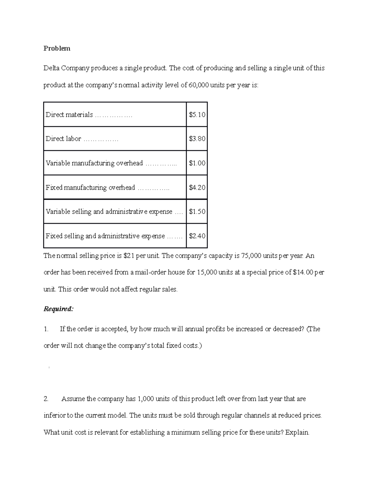 Applied Statistics Analysis: Delta Company Costing Problem 1 - Studocu