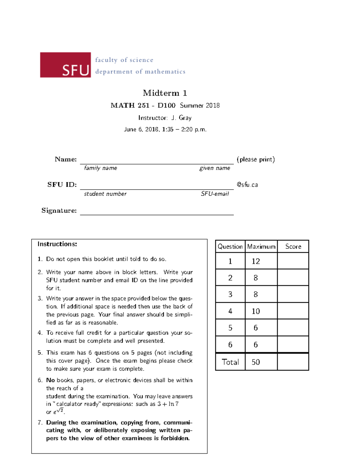 MATH 251 - D100 Midterm Exam Answers - June 6, 2018 - Studocu