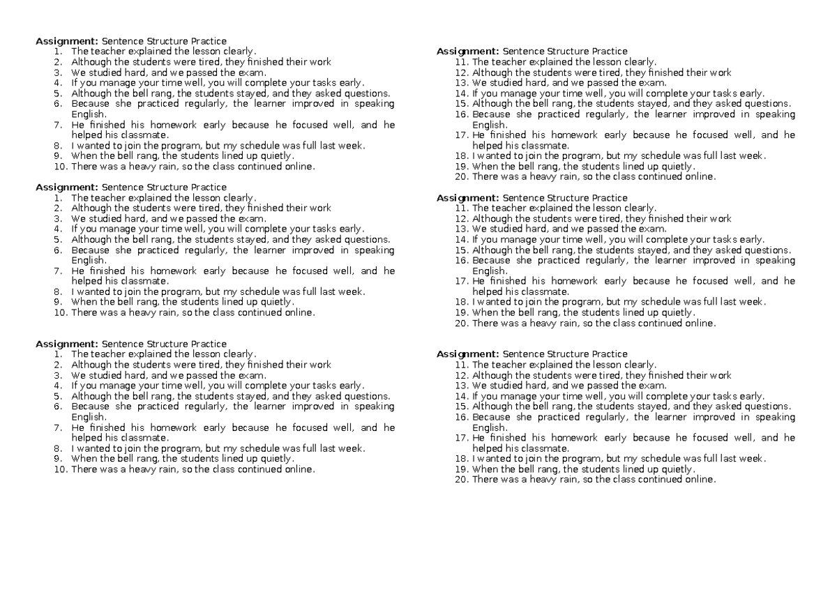 ENG101: Sentence Structure Practice Assignments - Studocu