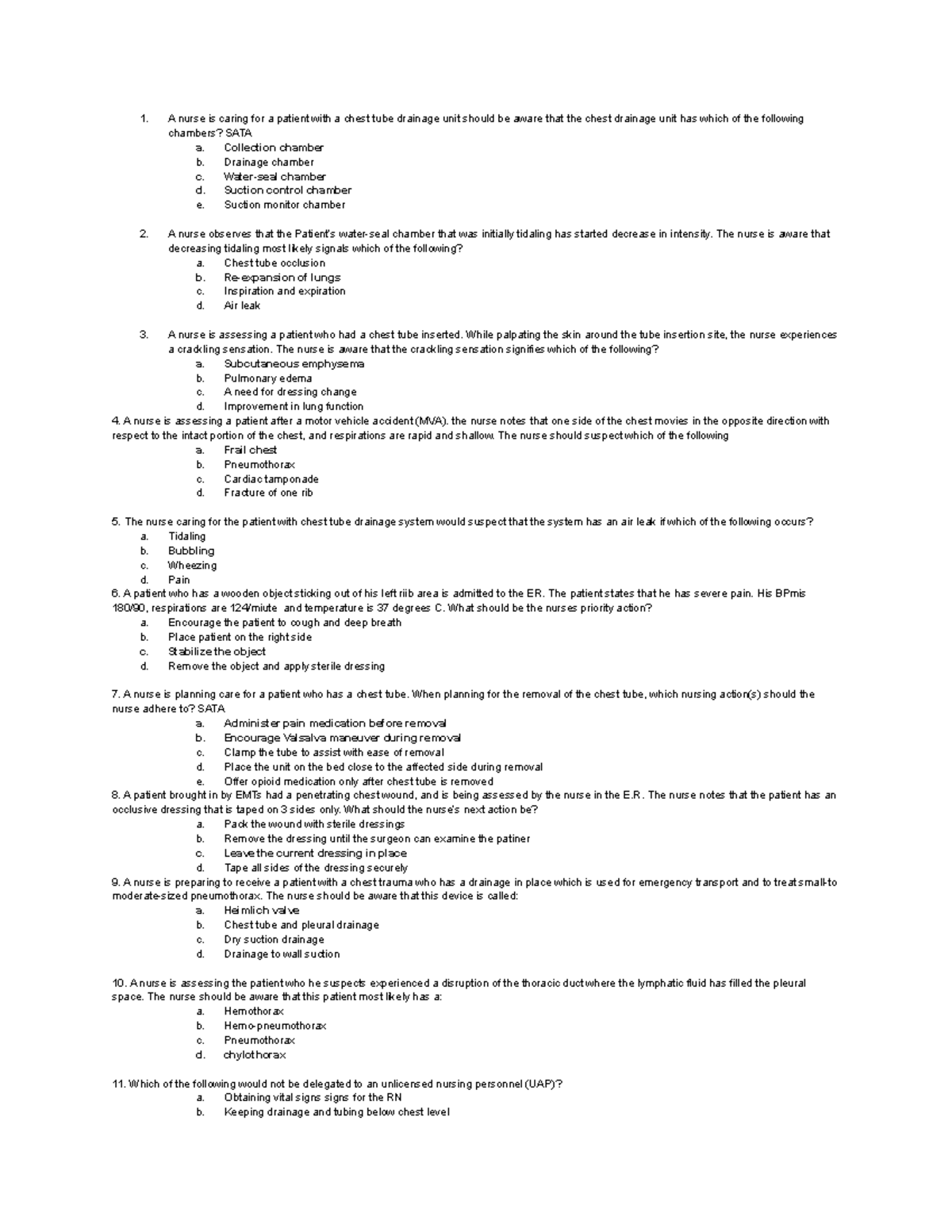 Med Surg Quiz 10/24: Chest Tube Management & Patient Assessment - Studocu