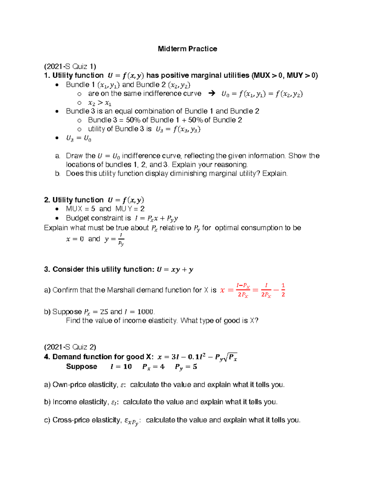 Midterm Practice Quiz: Utility Functions & Demand Analysis 2025-2 - Studocu