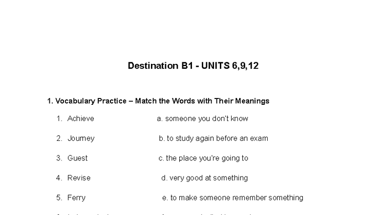 Destination B1 - Units 6,9,12 - Destination B1 - UNITS 6,9, Vocabulary ...