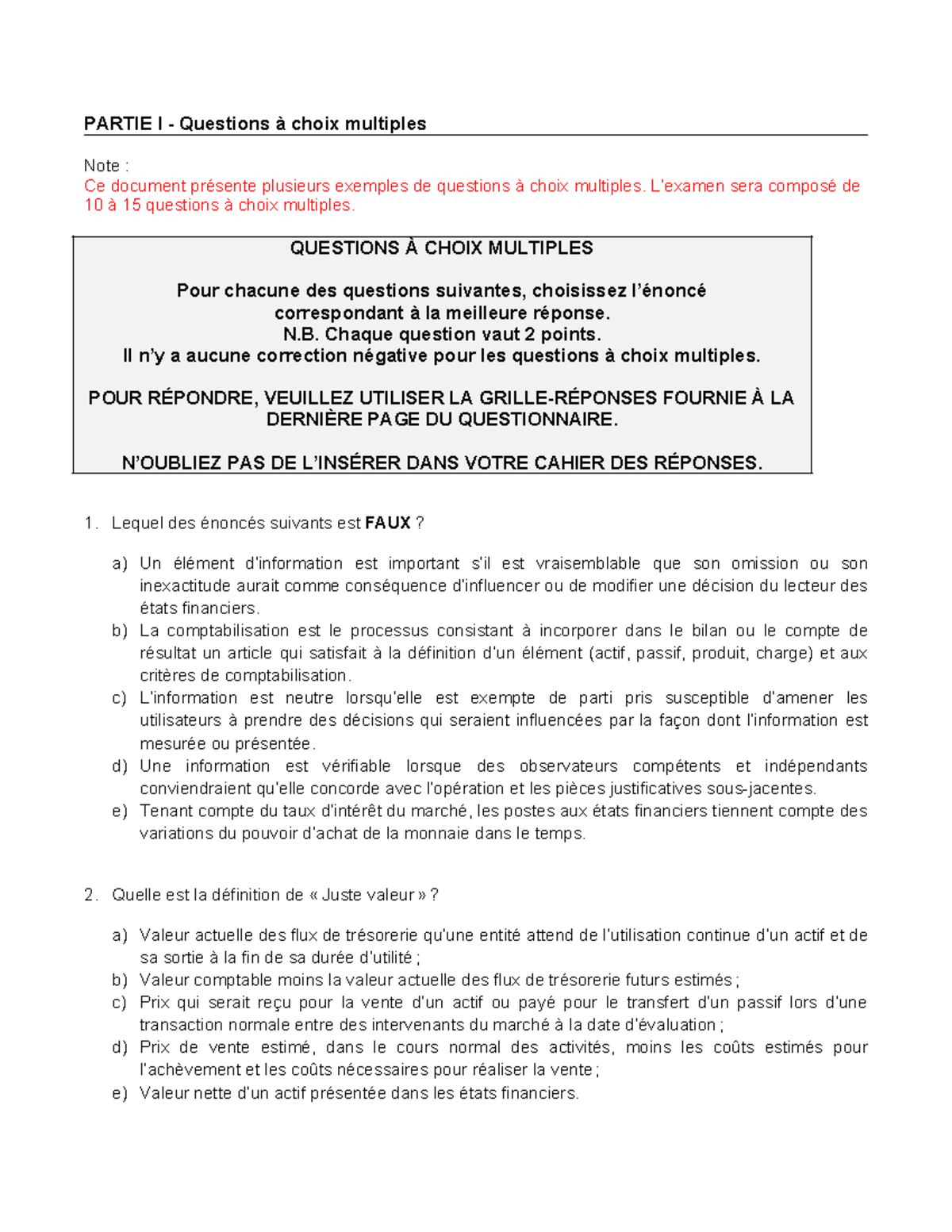 20905 Intra - Exemples de Questions à Choix Multiples (QCM) - Studocu