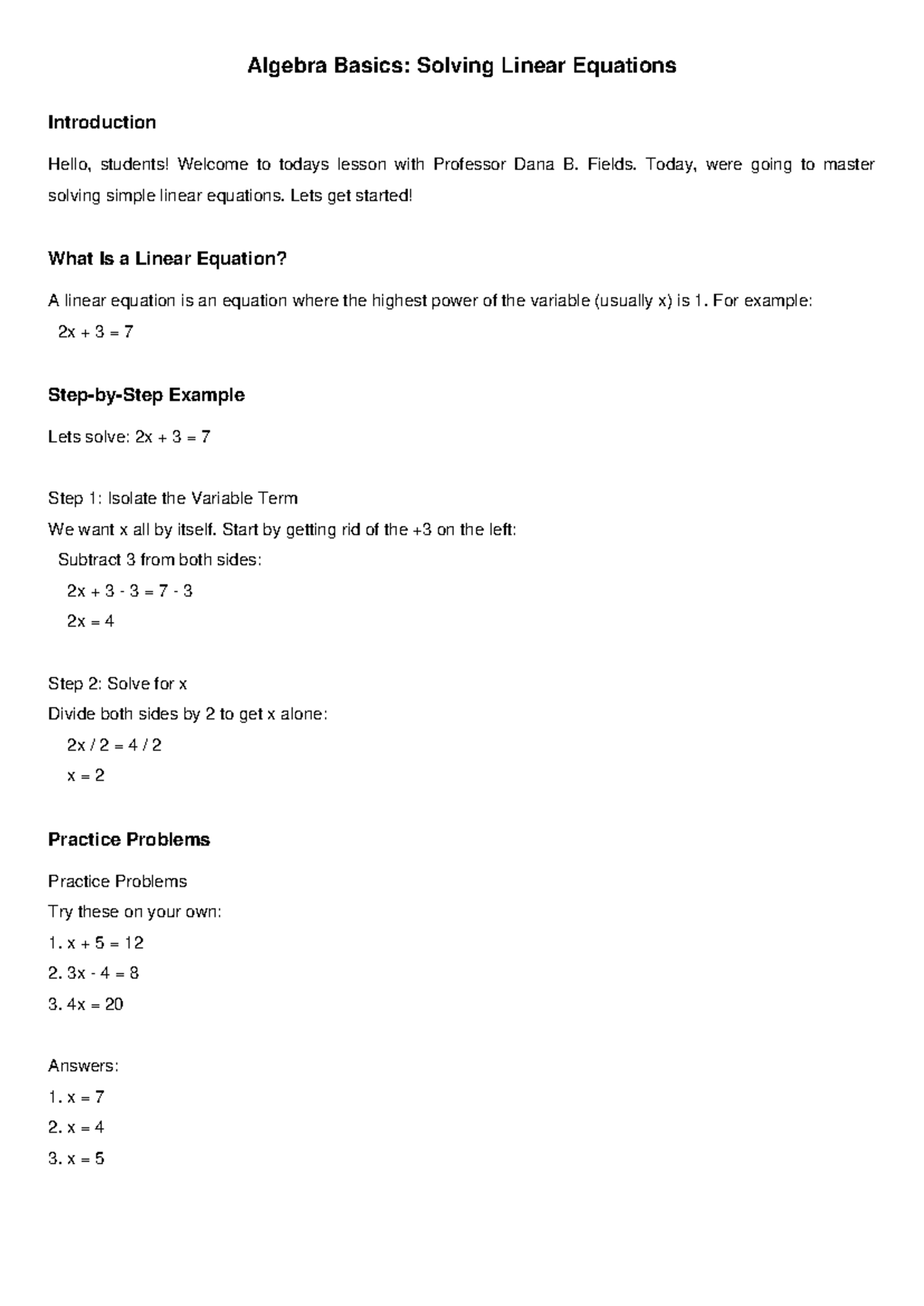 Algebra Basics: Solving Linear Equations - Prof. Fields Lesson - Studocu