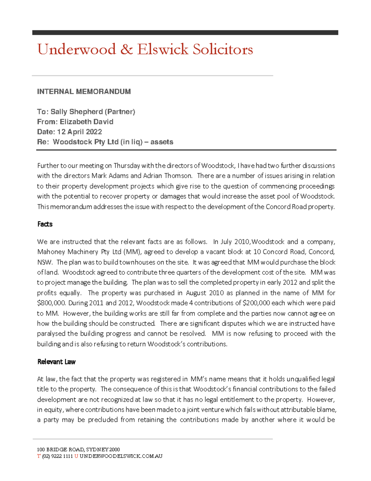 Exemplar of a Solicitor File Note - 100 BRIDGE ROAD, SYDNEY 2000 T (02 ...