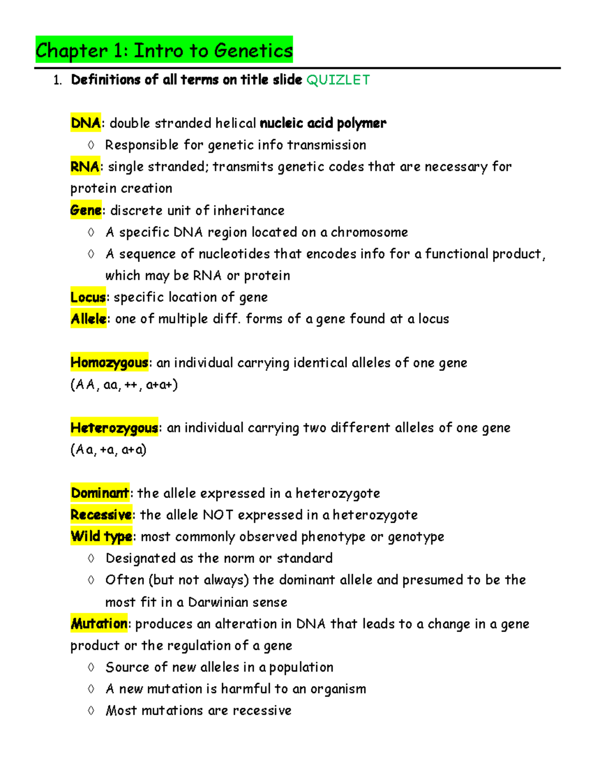 Genetics EXAM 1 Study Guide: Key Concepts and Terms Analysis - Studocu