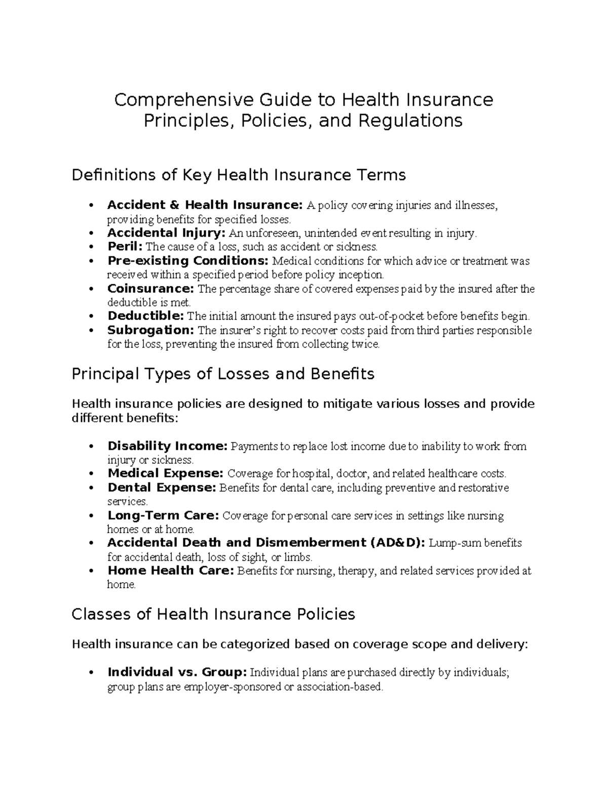 Comprehensive Guide to Health Insurance Principles & Regulations (HINS ...