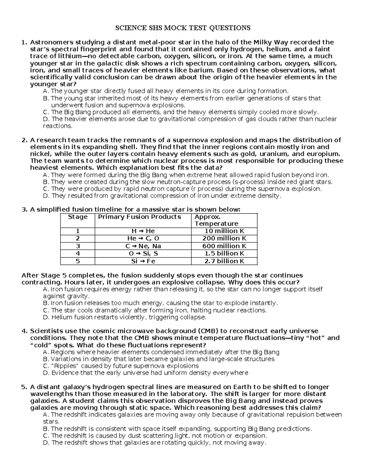 SCIENCE SHS MOCK TEST QUESTIONS REVIEWER 3 - Studocu