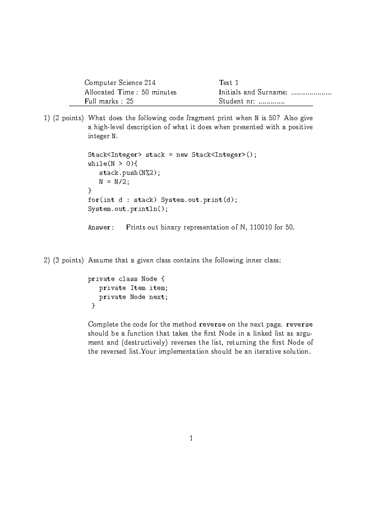CS 214 Test 1: Code Fragments, Sorting, and Complexity Analysis - Studocu