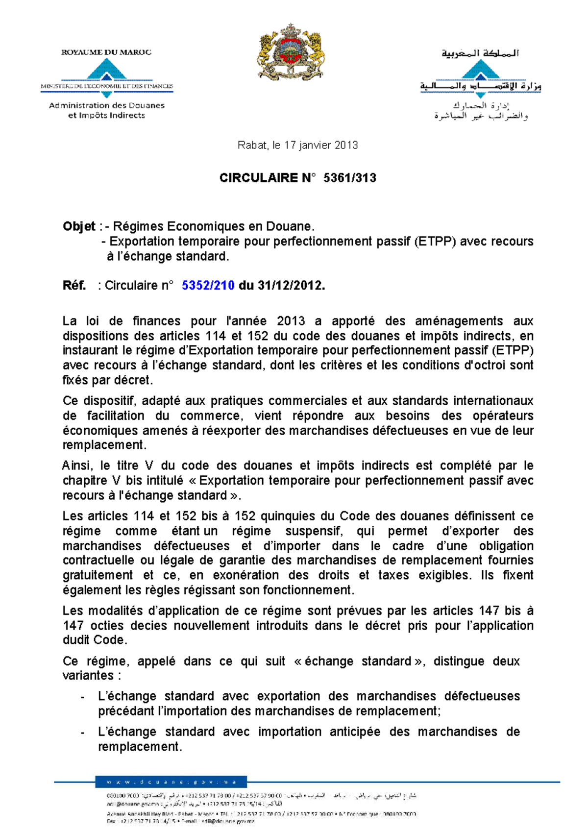 CIRCULAIRE 2013 : Régime Économique ETPP en Douane et Échange Standard ...