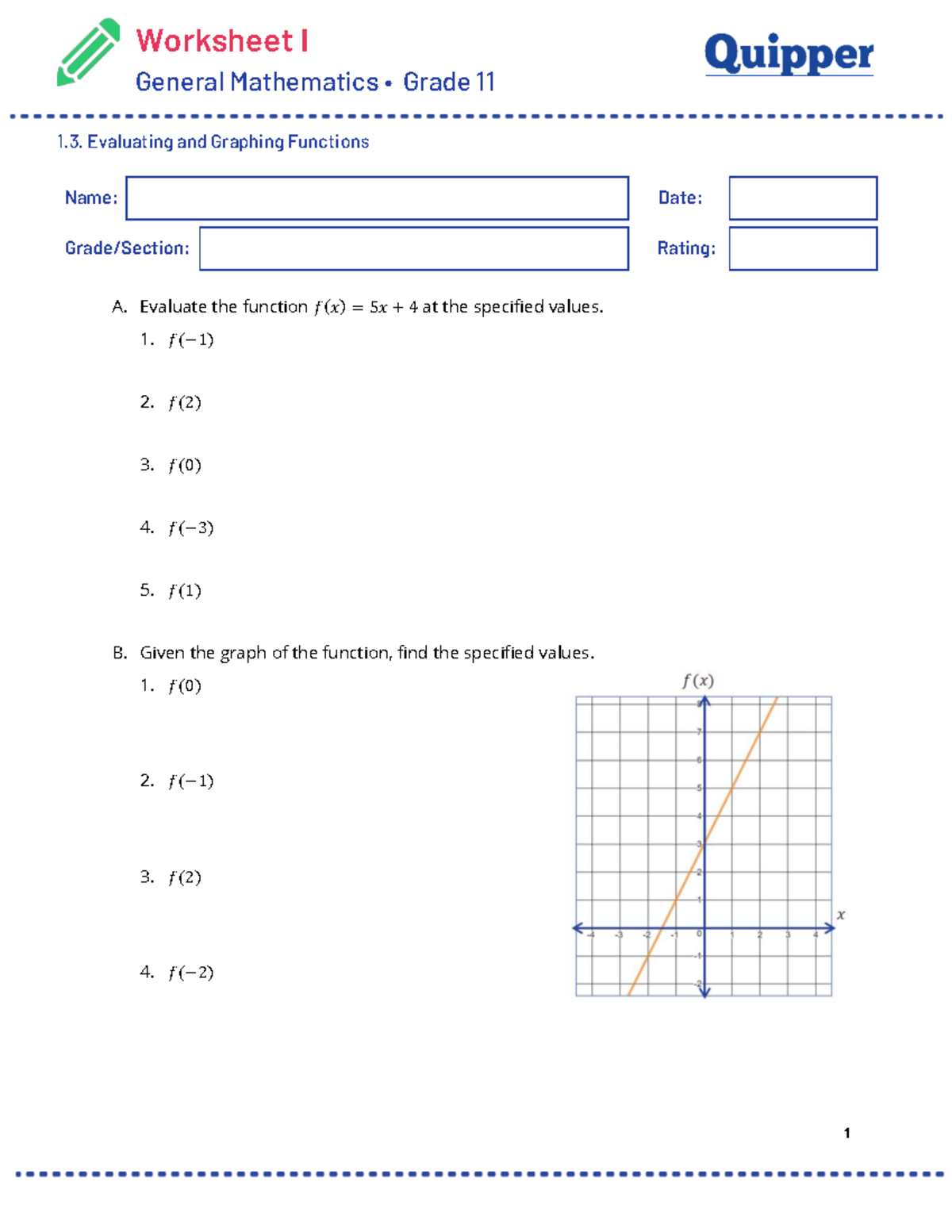 Grade 11 General Math Worksheet I: Evaluating & Graphing Functions ...