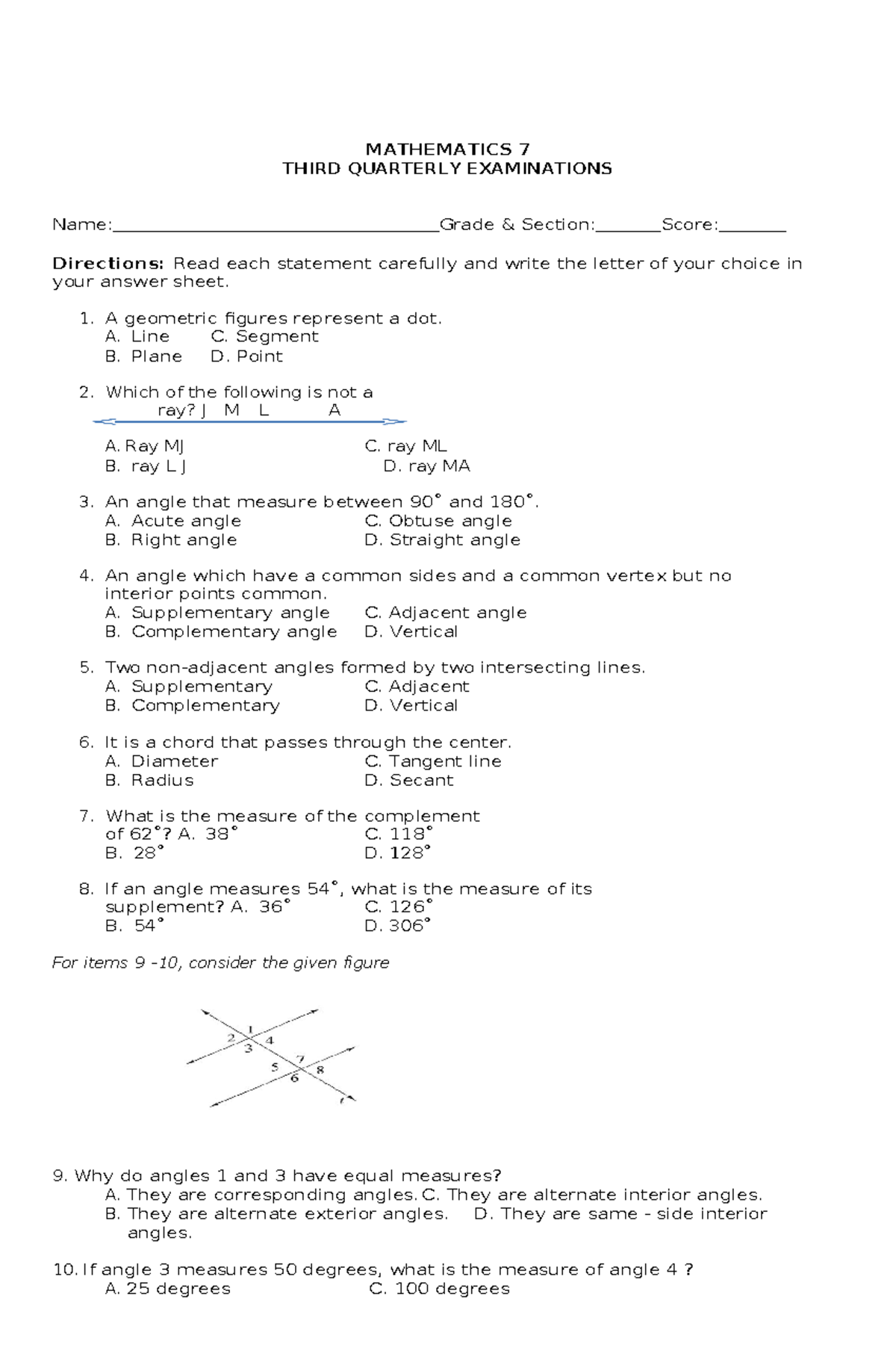 Math 7 - 3rd Quarter Exam & Answer Key (522850923) - Studocu