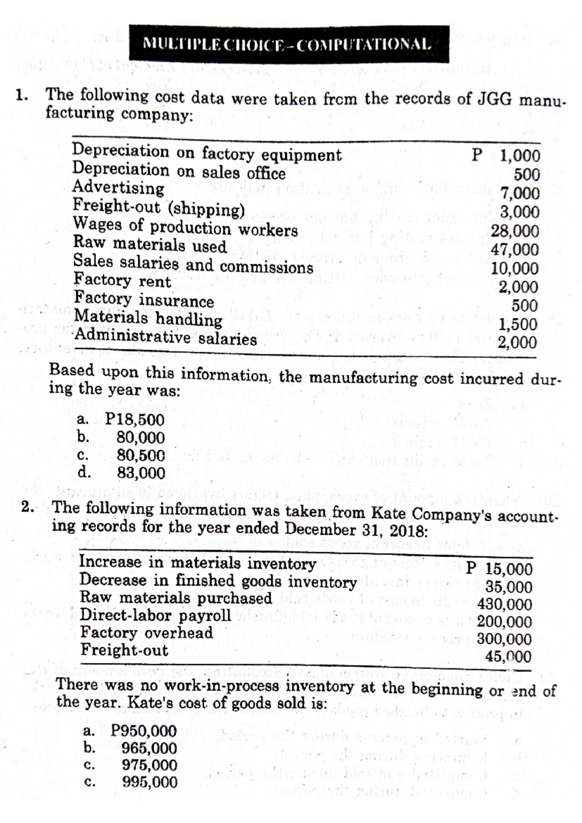 Assignment #1 - Summary of Cost Accounting Concepts and Calculations ...