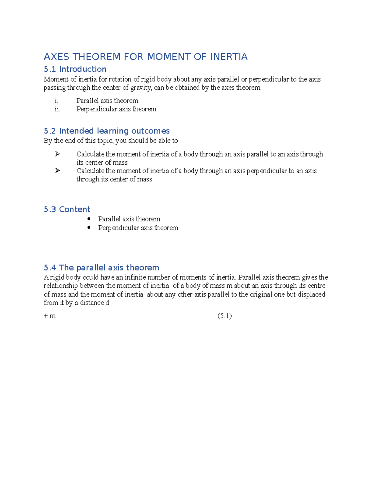 AXES Theorem for Moment of Inertia - Detailed Study Notes - Studocu