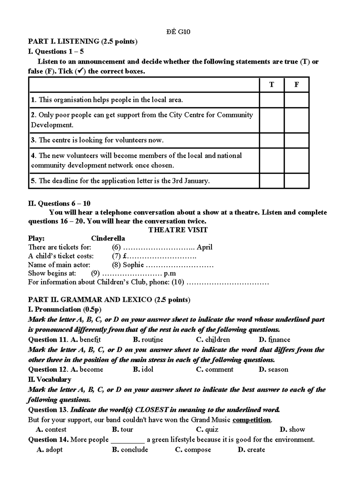 ĐỀ G10 Kỳ 1 - Listening, Grammar, Reading & Writing Exercises - Studocu