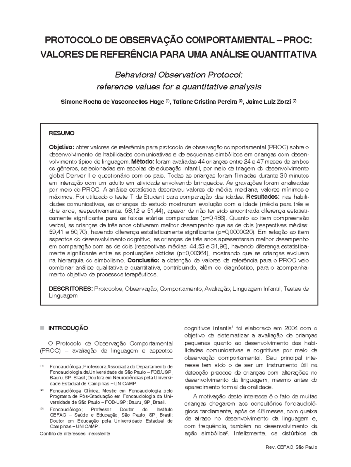 PROC - Protocolo de Observação do Comportamento Infantil para crianças ...