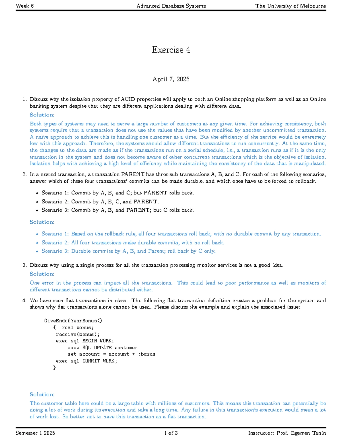 Advanced Database Systems (COMP90015) Week 12 Exercise Solutions - Studocu