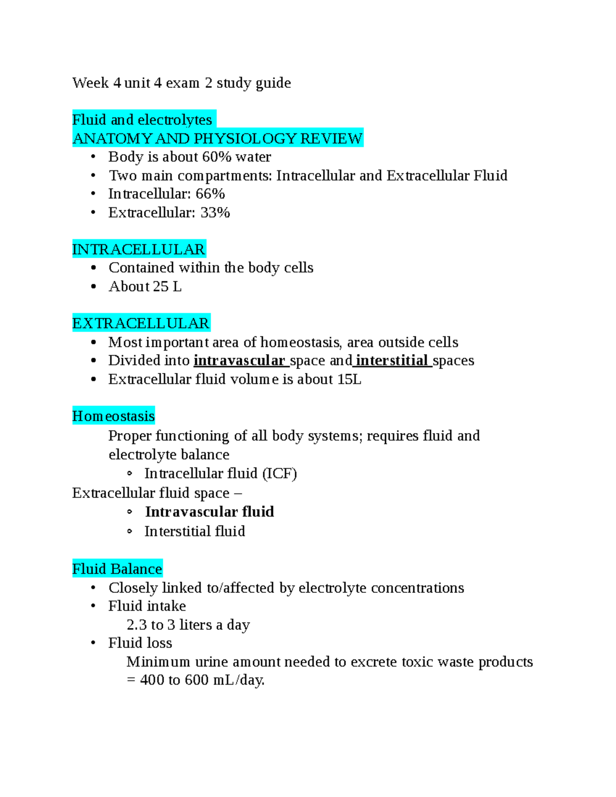 ANP 101 Final Exam Study Guide: Fluid and Electrolytes Insights - Studocu