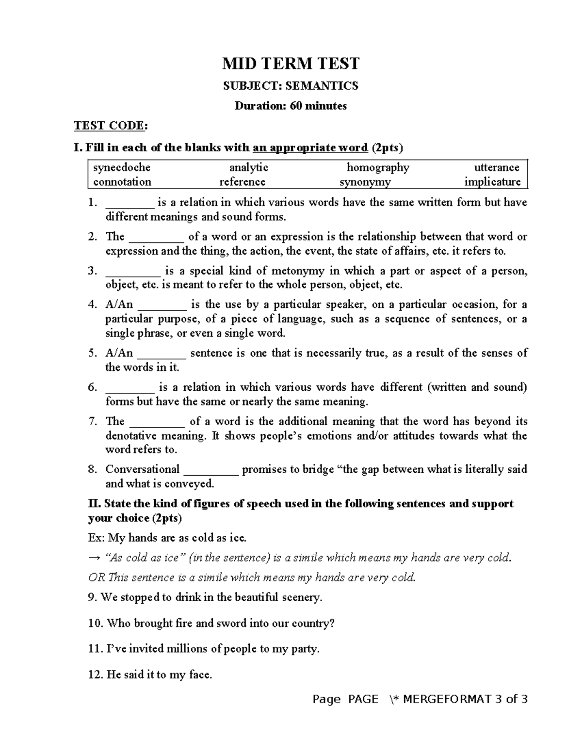 MIDTERM TEST: SEMANTICS (TEST CODE: I) - Fill in the Blanks & Figures ...