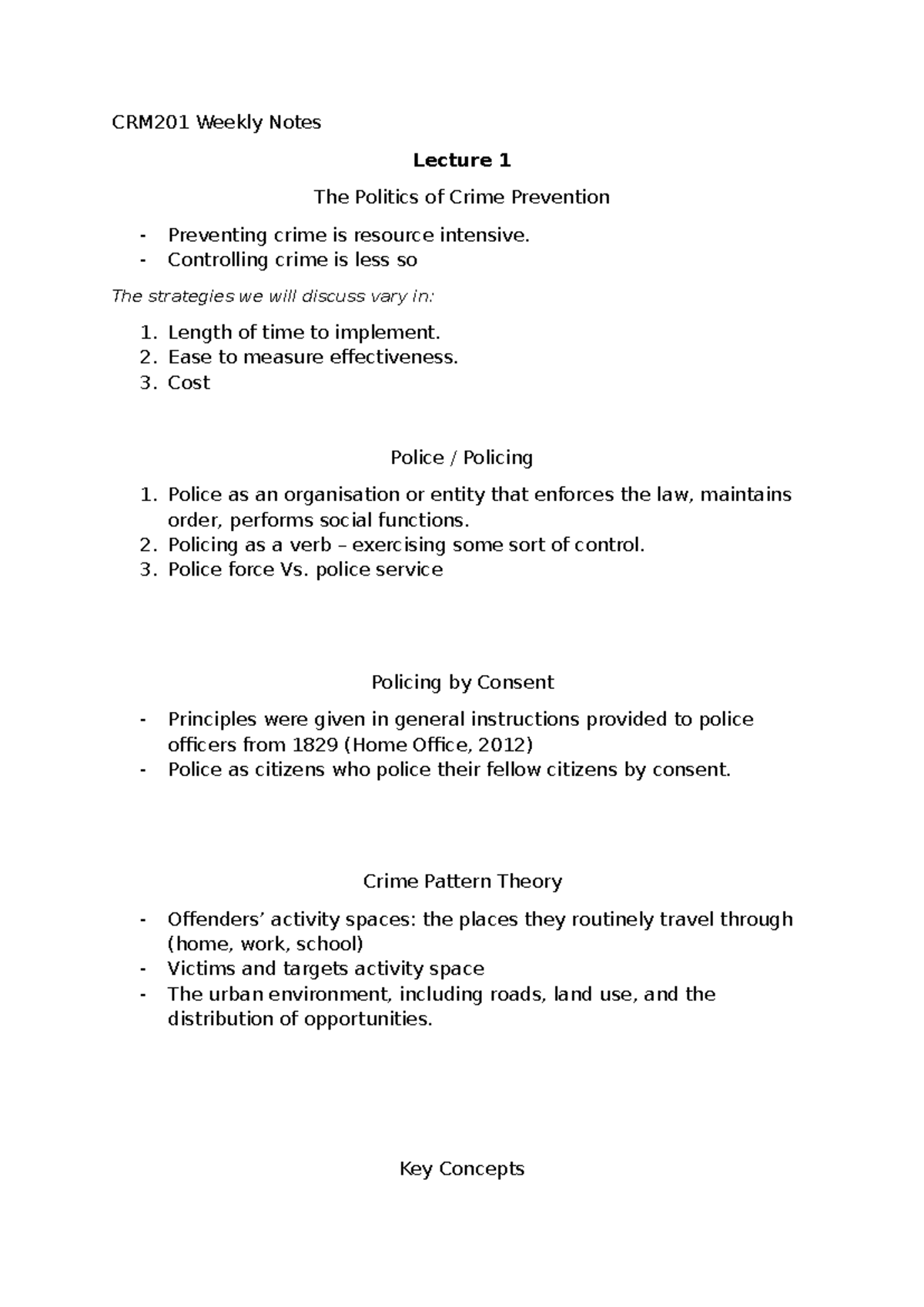 CRM201 Weekly Lecture Notes: The Politics of Crime Prevention - Studocu