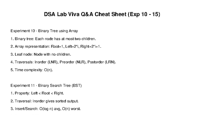 DSA Lab Viva Cheat Sheet (Exp 10-15): Trees, Graphs & Algorithms - Studocu