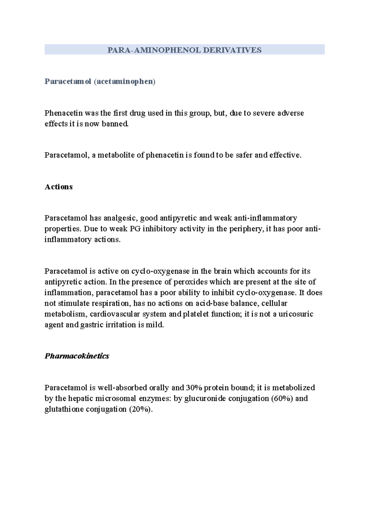 Para-Aminophenol Derivatives: Focus on Paracetamol Mechanisms and Effects -  Studocu