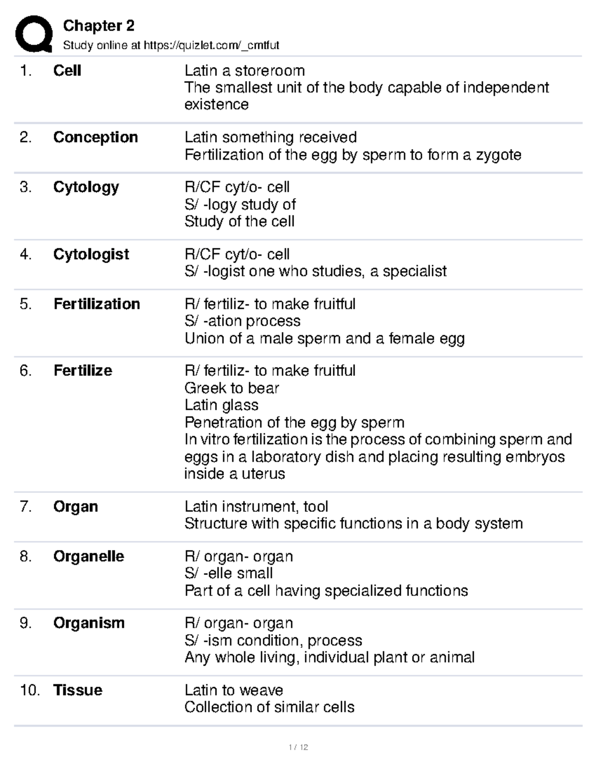 Ch. 2 Flashcards: Key Terms in Cell Biology and Genetics - Studocu