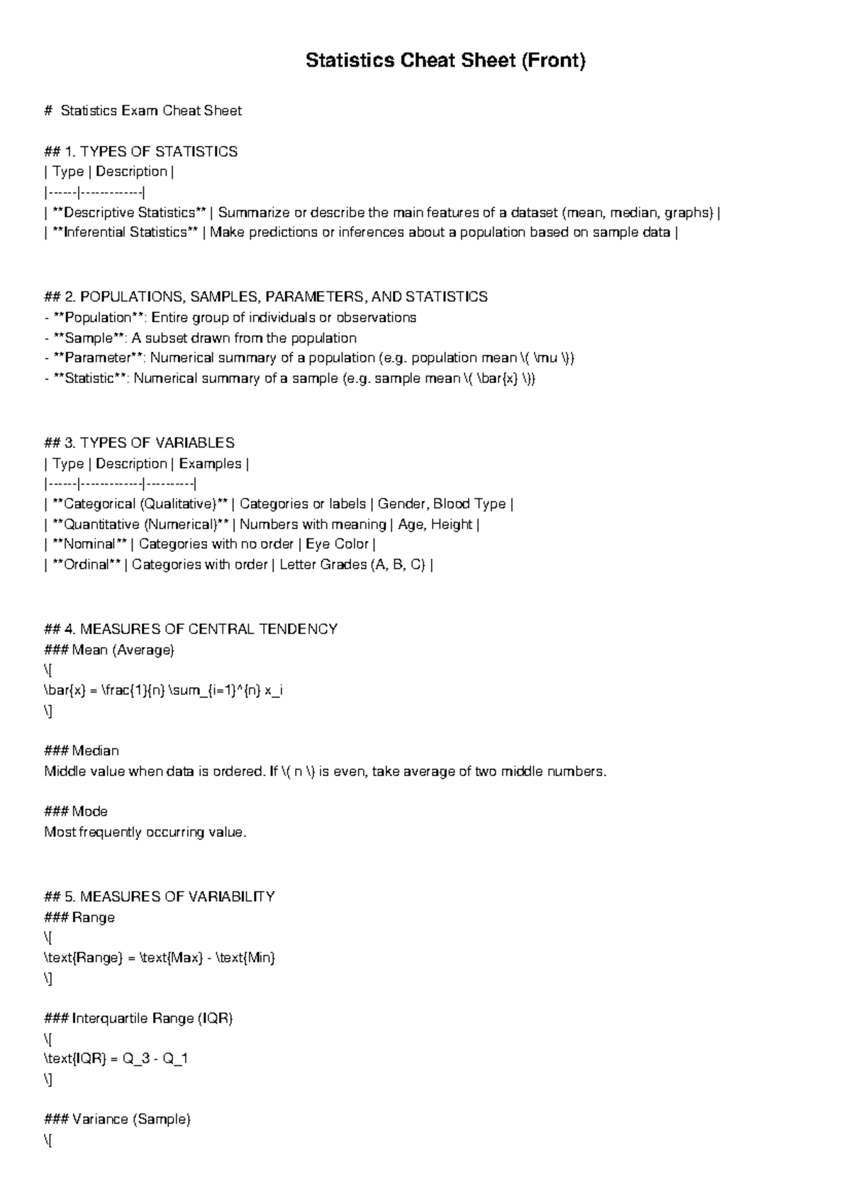 Statistics Exam Cheat Sheet: Key Concepts & Formulas - Studocu