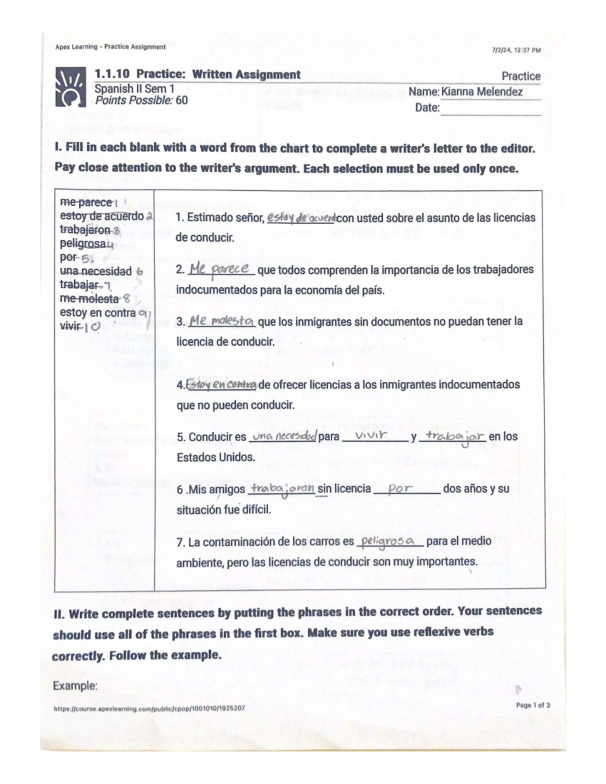 Apex Learning Practice Assignment: Spanish II Written Task - Studocu