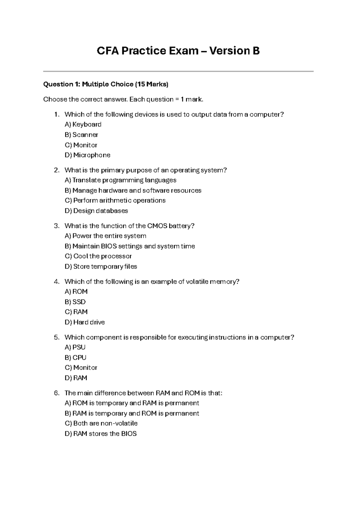 CFA Practice Exam B - Study Guide for Computer Fundamentals - Studocu