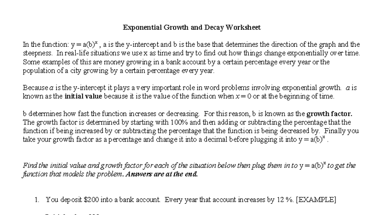 Exponential Growth & Decay Worksheet: Practice Problems - Studocu