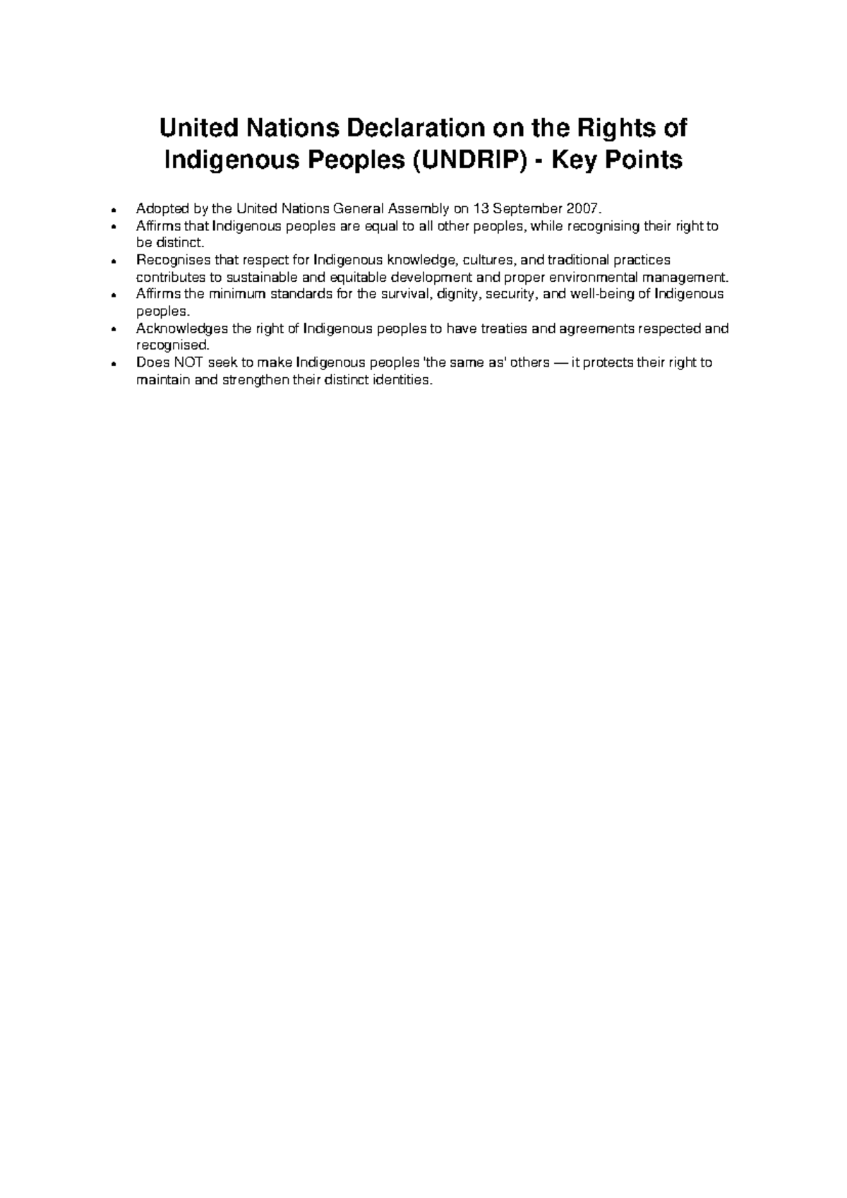 UNDRIP Summary: Key Points of the Indigenous Peoples' Rights - Studocu