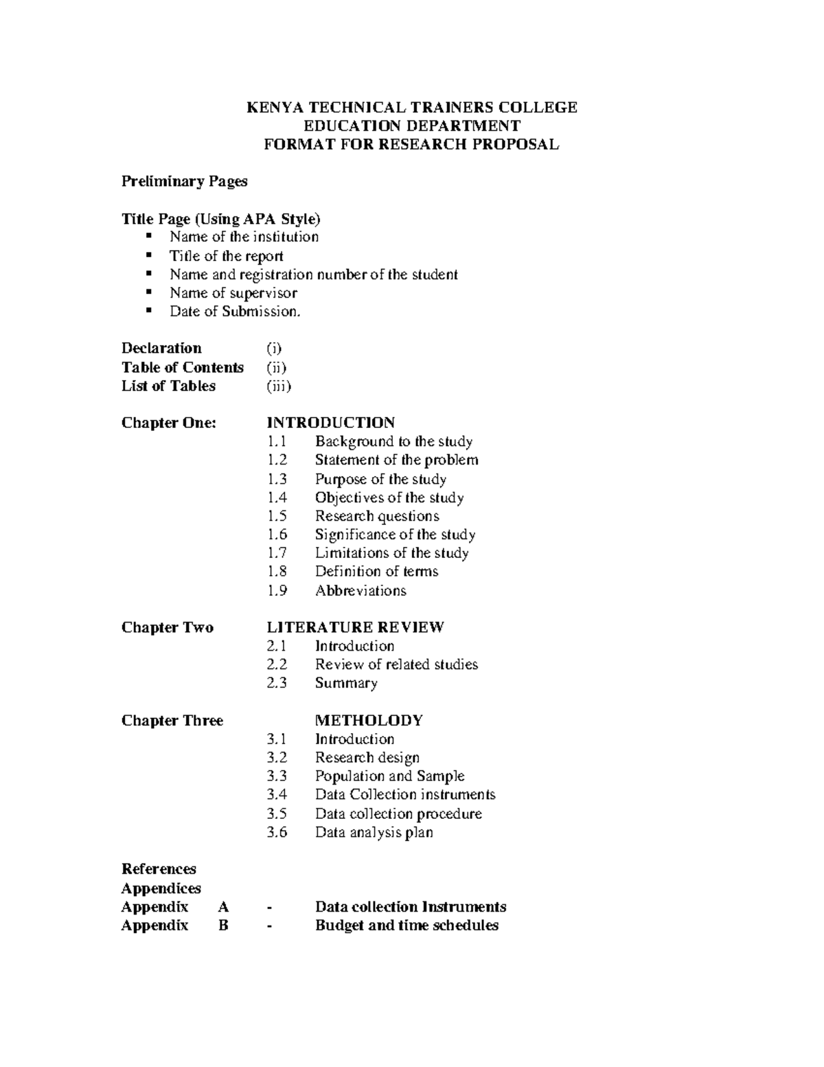 KENYA TECHNICAL TRAINERS COLLEGE RESEARCH PROPOSAL FORMAT Guide - Studocu