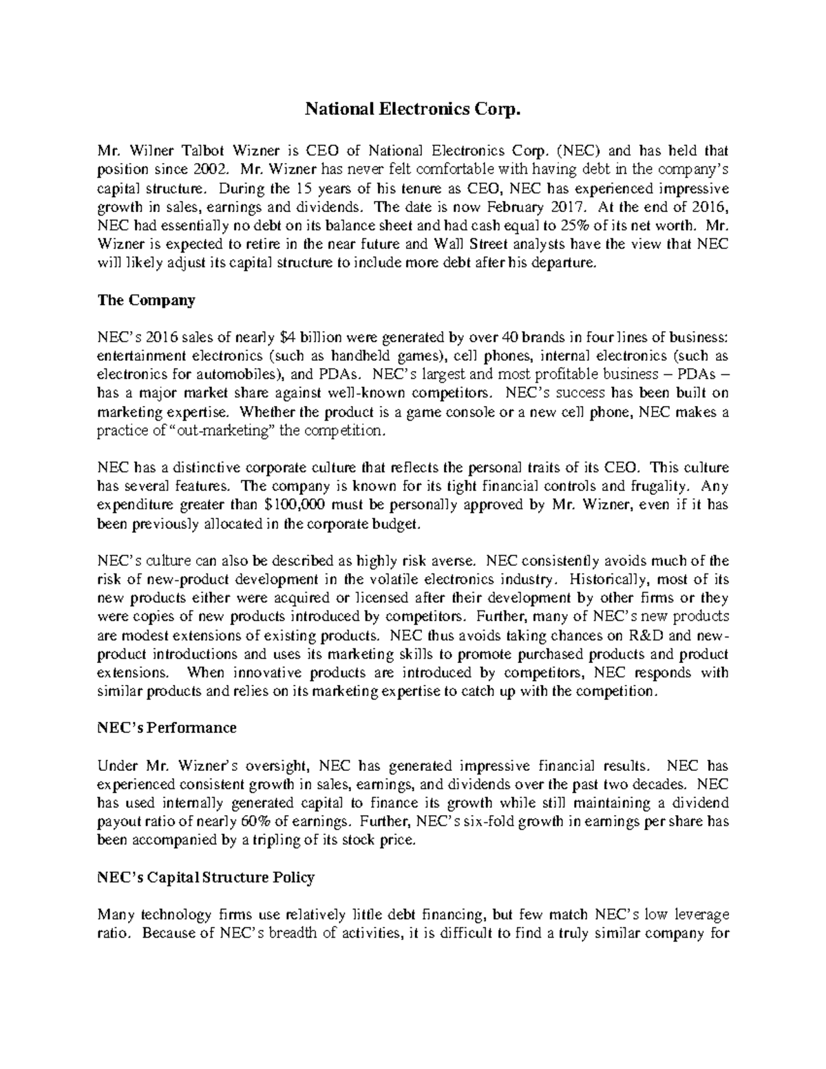 Case Study 02: Capital Structure Analysis of National Electronics Corp ...