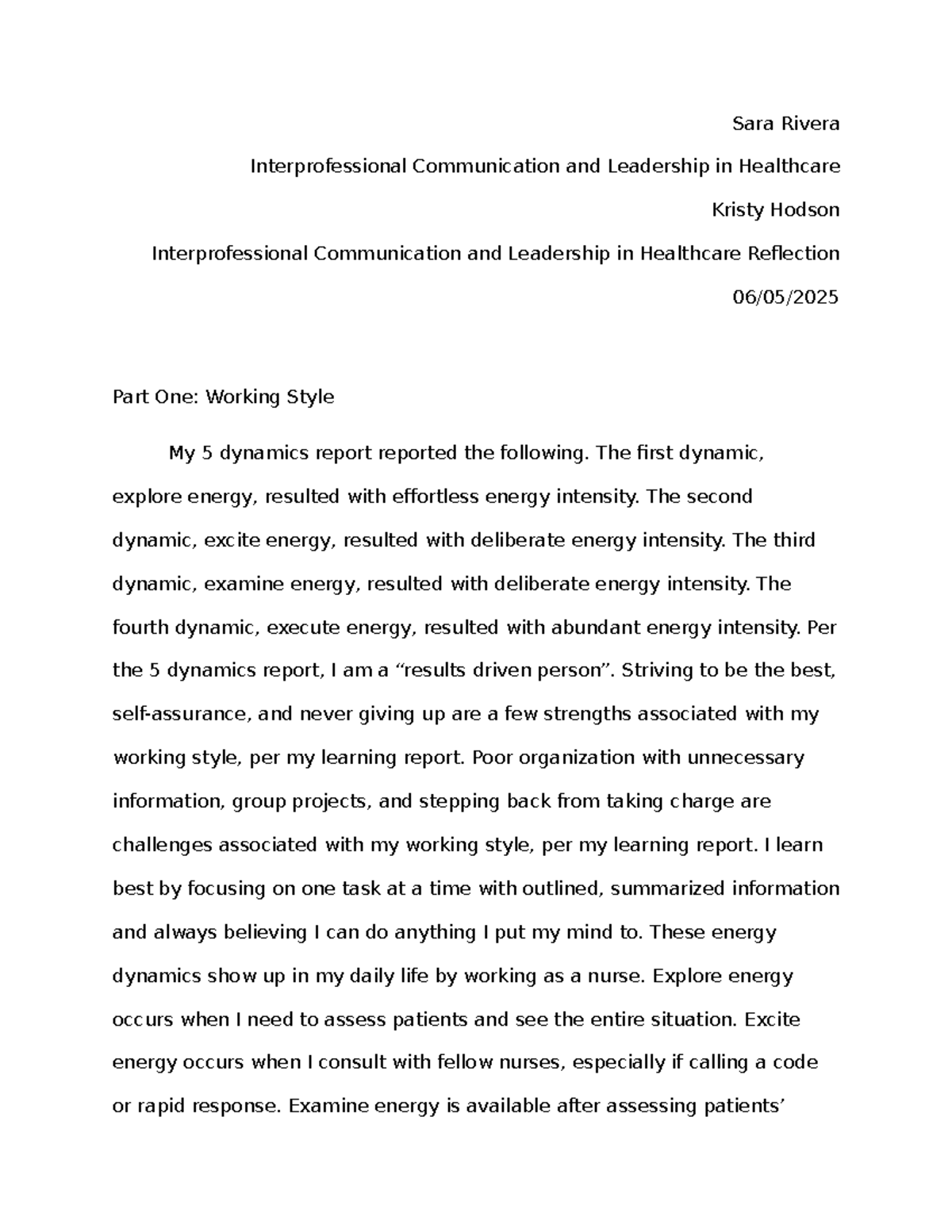 NZM3 TASK 1: Reflection Paper on Interprofessional Communication