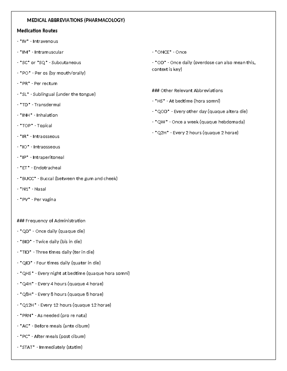 PHARMACOLOGY MEDICAL ABBREVIATIONS: Medication Routes & Admin Frequency ...