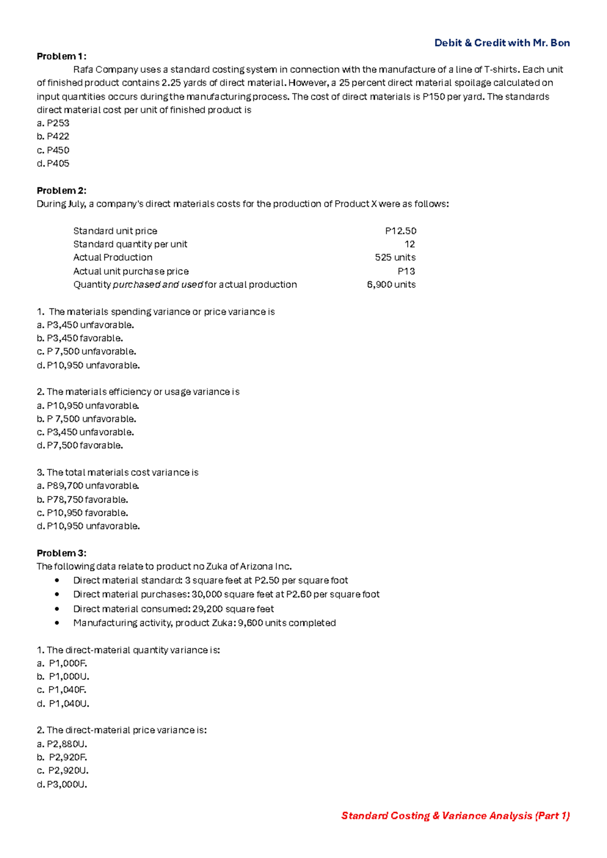 Standard Costing Problems (ACCT 101) - Analysis Part 1 - Studocu