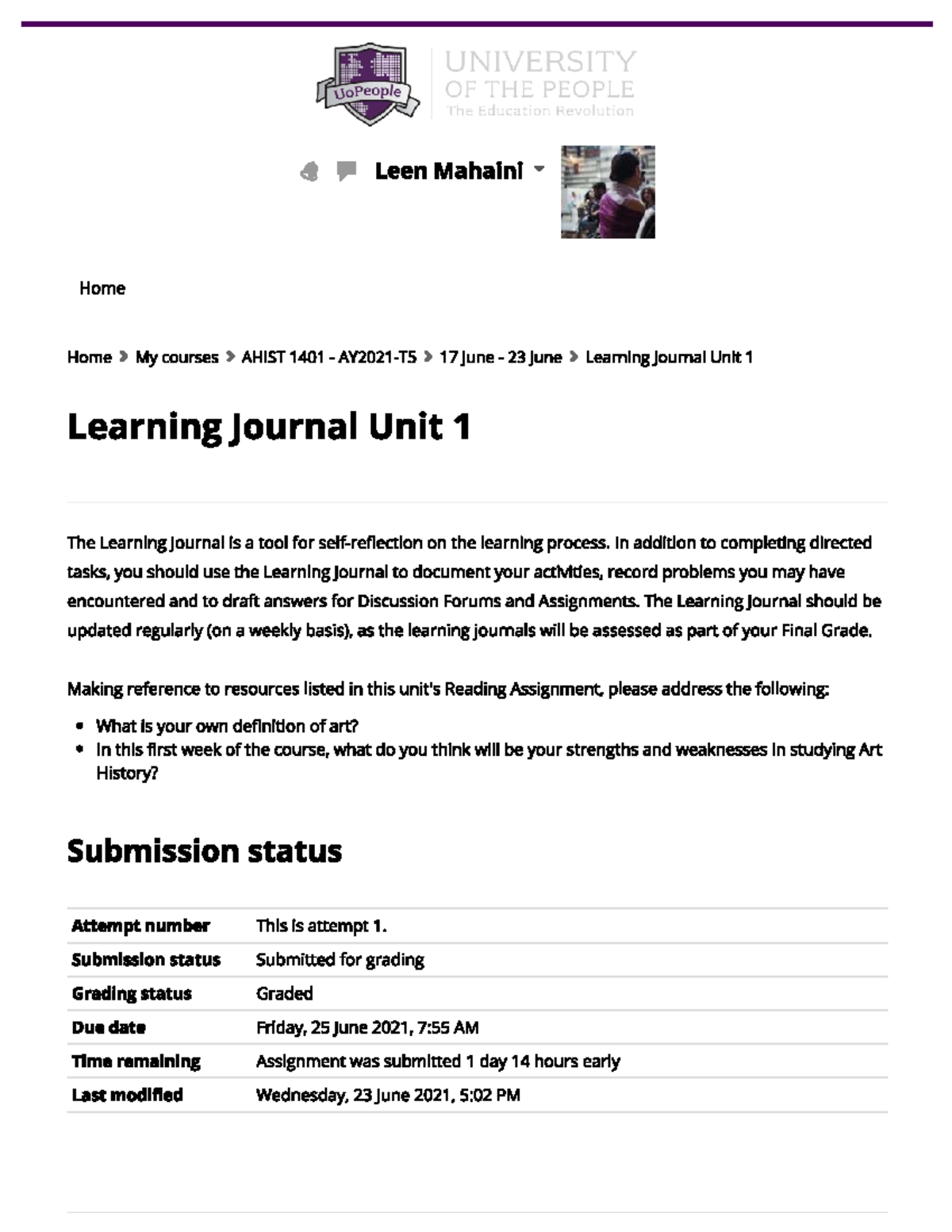 Learning Journal Unit 1 - In addition to completing directed tasks, you ...